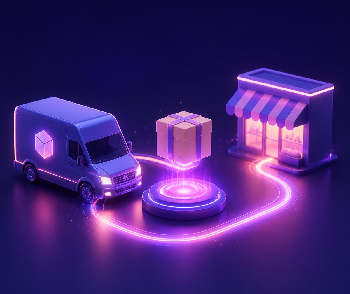 Illustration of a seller, a buyer and a delivery driver connected in a marketplace